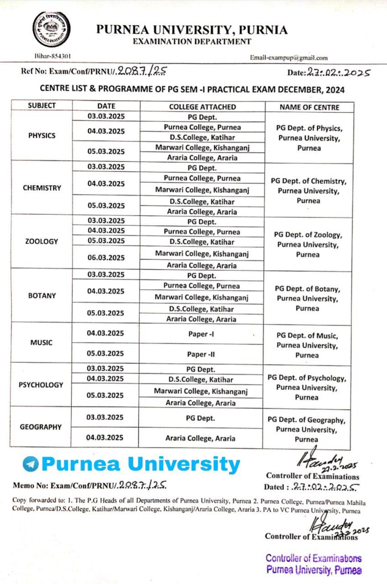 Purnea University PG 1st Sem Practical Exam Programme 2025